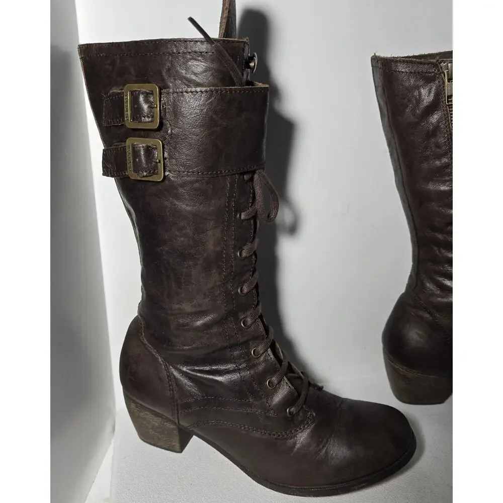 Red Or Dead Leather Steampunk Lace Up Zip Boots Made Spain EU 41 US 9.5-10 Brown